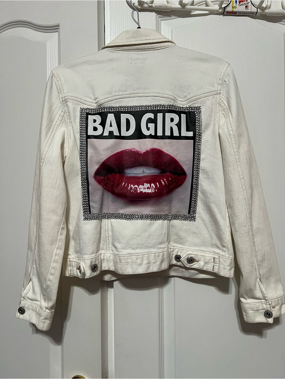 Boss White Denim 'Bad Girl' Lip Patch Jacket
